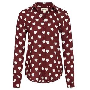NWOT L’Agence Holly Heart Print Silk Button-Up Blouse S Burgundy White MSRP $340